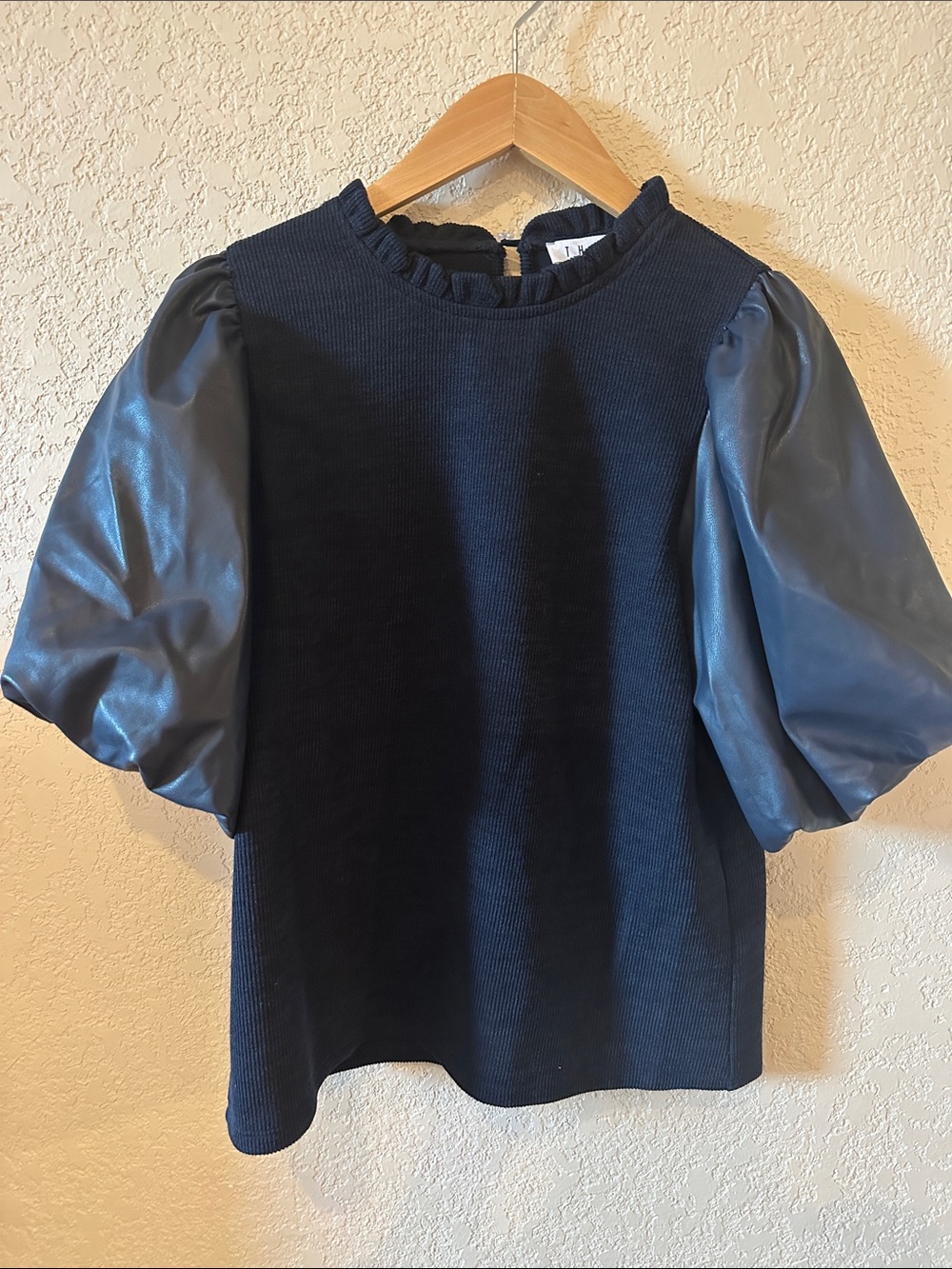 THML Navy Ribbed Top with Shiny Puff Sleeves
